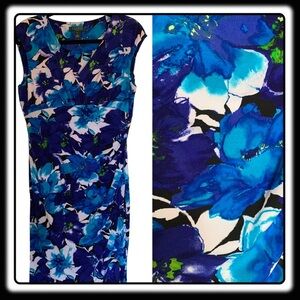 Lauren Blue dress with turquoise and white floral pattern V-Neck Sz 14